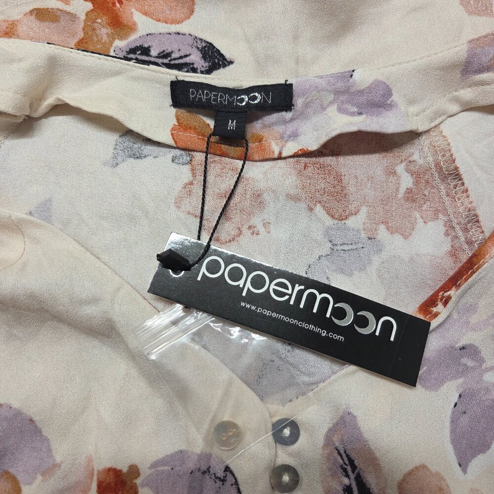 Papermoon Medium Off White Floral 3/4 Sleeve Summer Casual Chiffon Blouse - Picture 8 of 10
